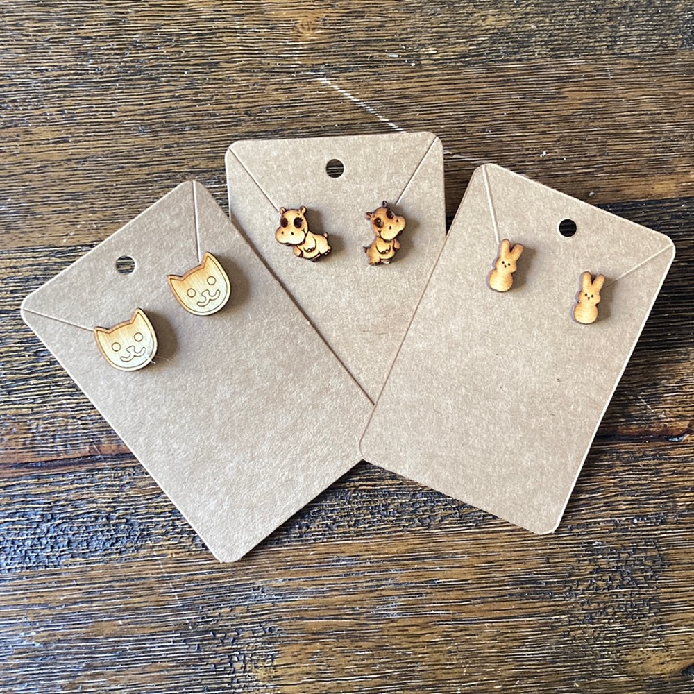 Set of 3 homemade wood earrings cats hippo peeps